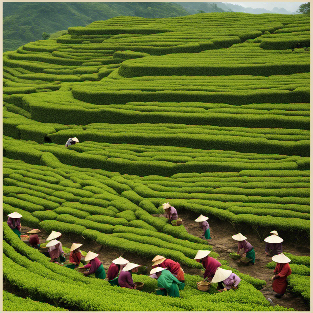 An image showcasing the intricate process of harvesting and processing oolong tea leaves