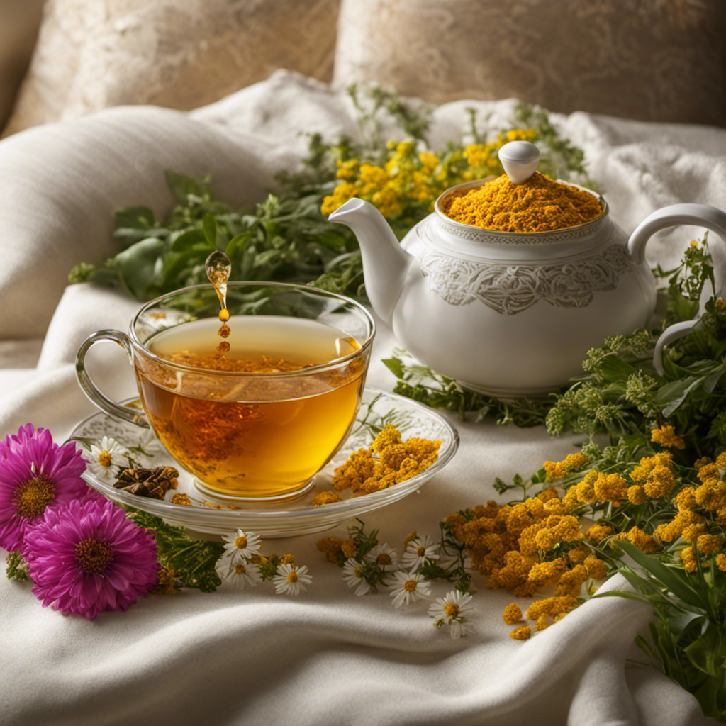 An image featuring a serene, sunlit garden with vibrant, blooming herbs like turmeric, ginger, and chamomile