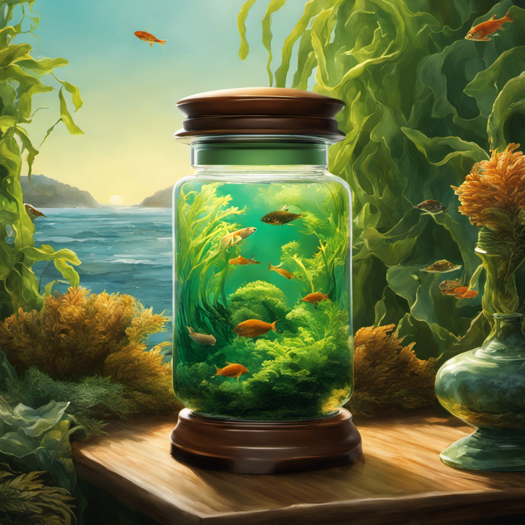 An image showcasing a glass jar filled with rich, brown kelp meal tea steeping under a warm sunbeam, while a vibrant green kelp forest sways gracefully in the background ocean currents