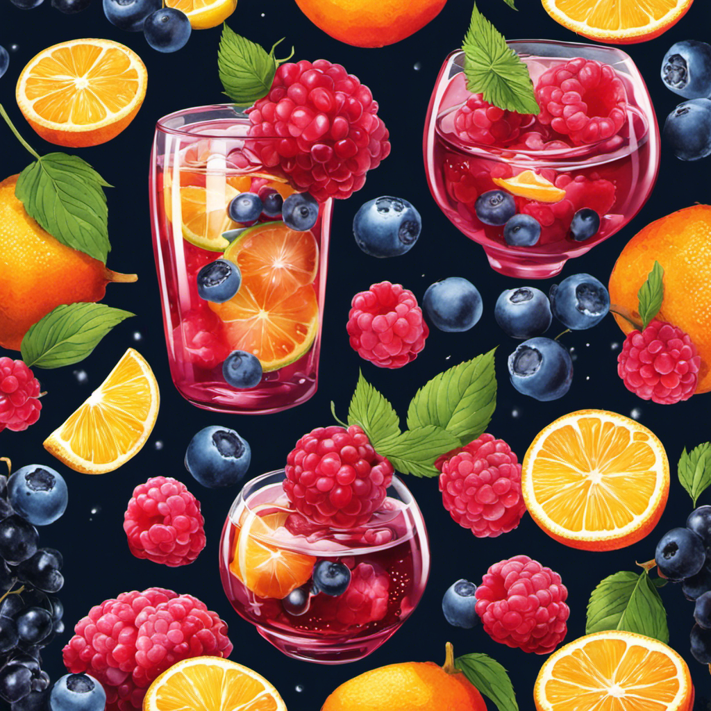 An image capturing a glass filled with ice-cold, effervescent Kombucha tea, surrounded by vibrant, fresh fruits like raspberries, blueberries, and citrus slices