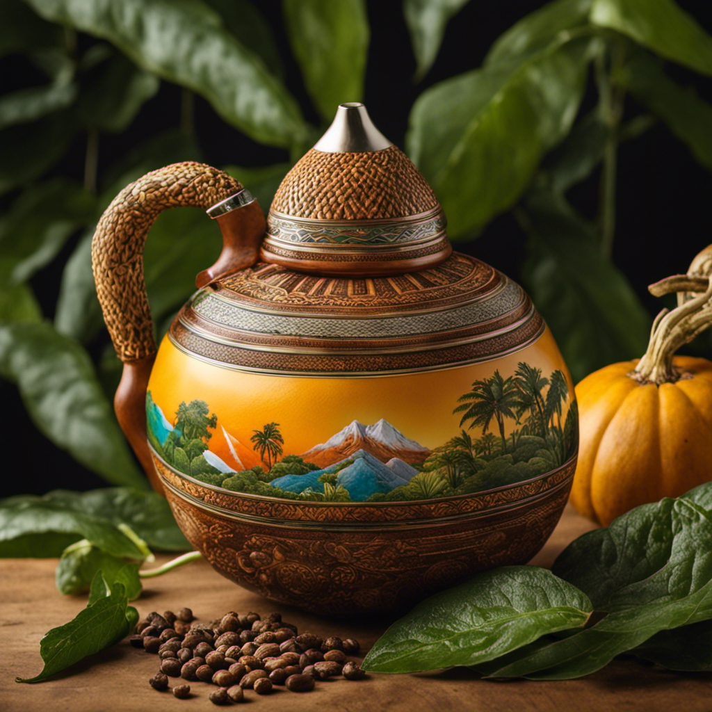 An image that showcases the vibrant and lush landscapes of South America, with a traditional gourd and bombilla, surrounded by fresh yerba mate leaves, capturing the essence and allure of this beloved beverage