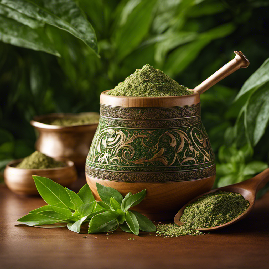 An image capturing the intricate layers of Yerba Mate, showcasing its vibrant green leaves, delicate stems, and the fine dust-like particles that add a touch of authenticity to this traditional South American beverage