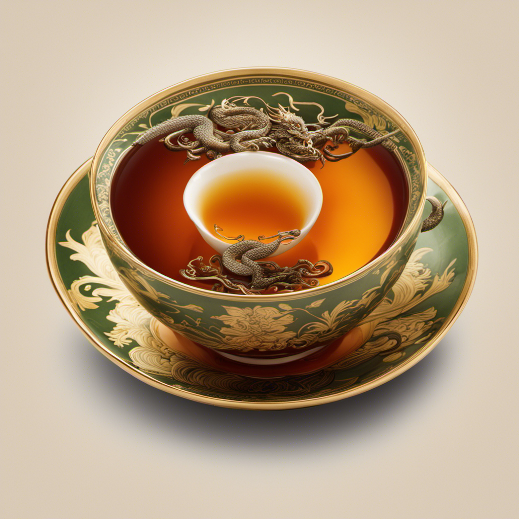 An image showcasing a steaming cup of Oolong Dragon Tea, its rich amber hue gracefully filling a delicate, translucent teacup