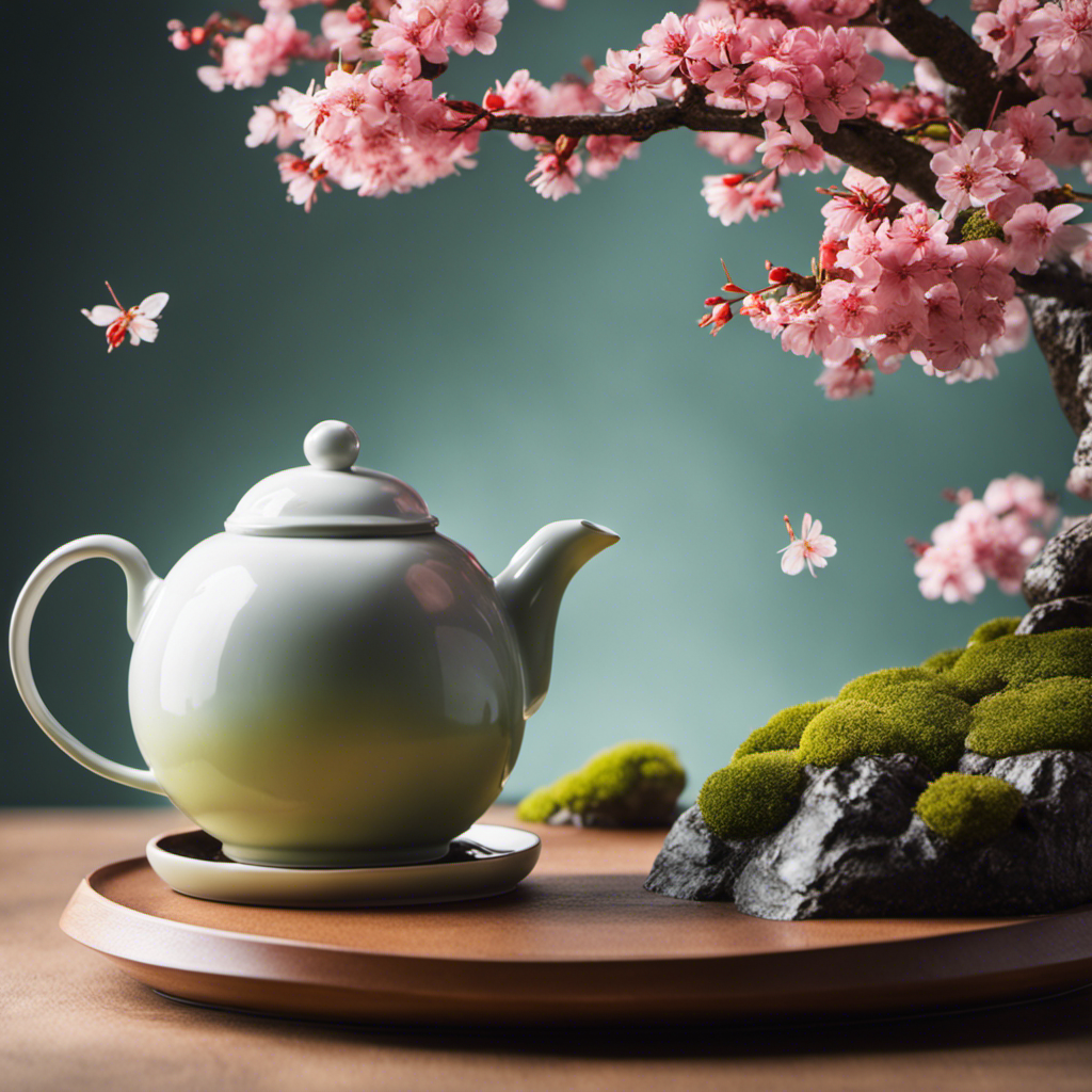 An image showcasing a serene Japanese garden, with a delicate teapot pouring vibrant oolong green tea into a dainty porcelain cup