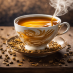 An image that captures the essence of oolong milk tea: a translucent golden-brown liquid swirling gracefully in a delicate glass teacup, wisps of steam rising, with a sprinkling of dried tea leaves on a wooden table