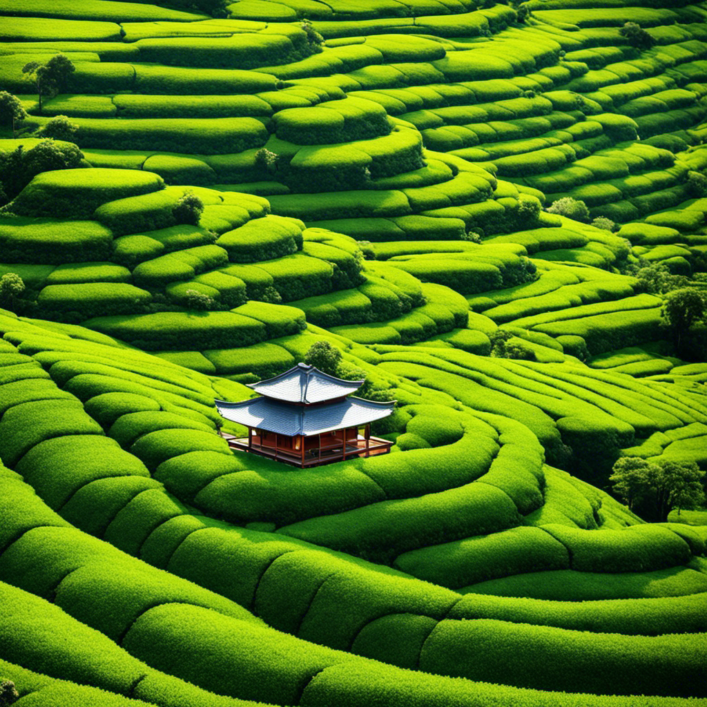 An image showcasing a serene tea plantation with rolling hills, where sunlight filters through lush green tea leaves