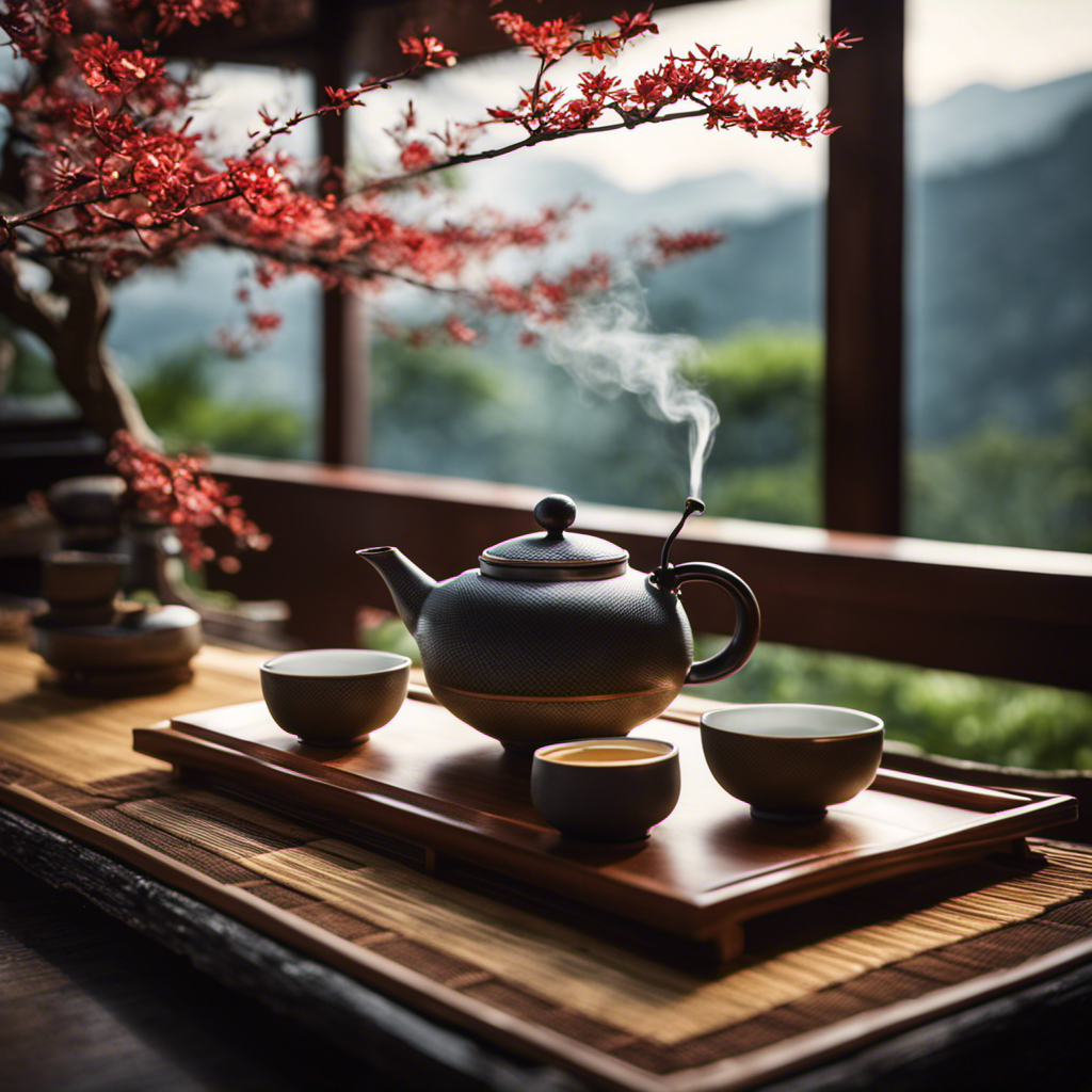 An image showcasing a serene Japanese tea ceremony scene, with a traditional teapot pouring steaming oolong tea into delicate cups