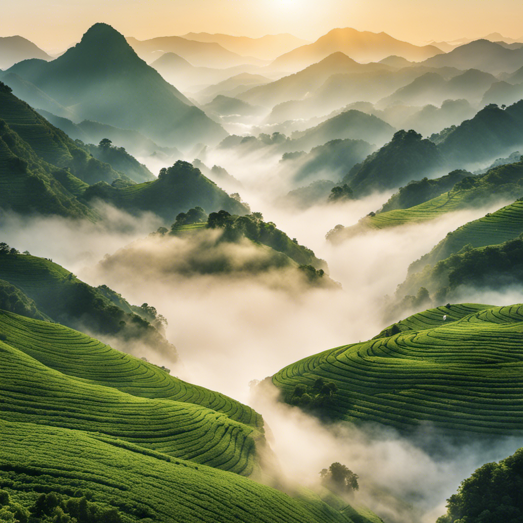 An image capturing the ethereal essence of Oolong Tea First Flush: a tender, emerald-hued tea leaf unfurling amidst mist-shrouded mountains, bathed in the gentle glow of sunrise, promising a delicate flavor and unparalleled freshness