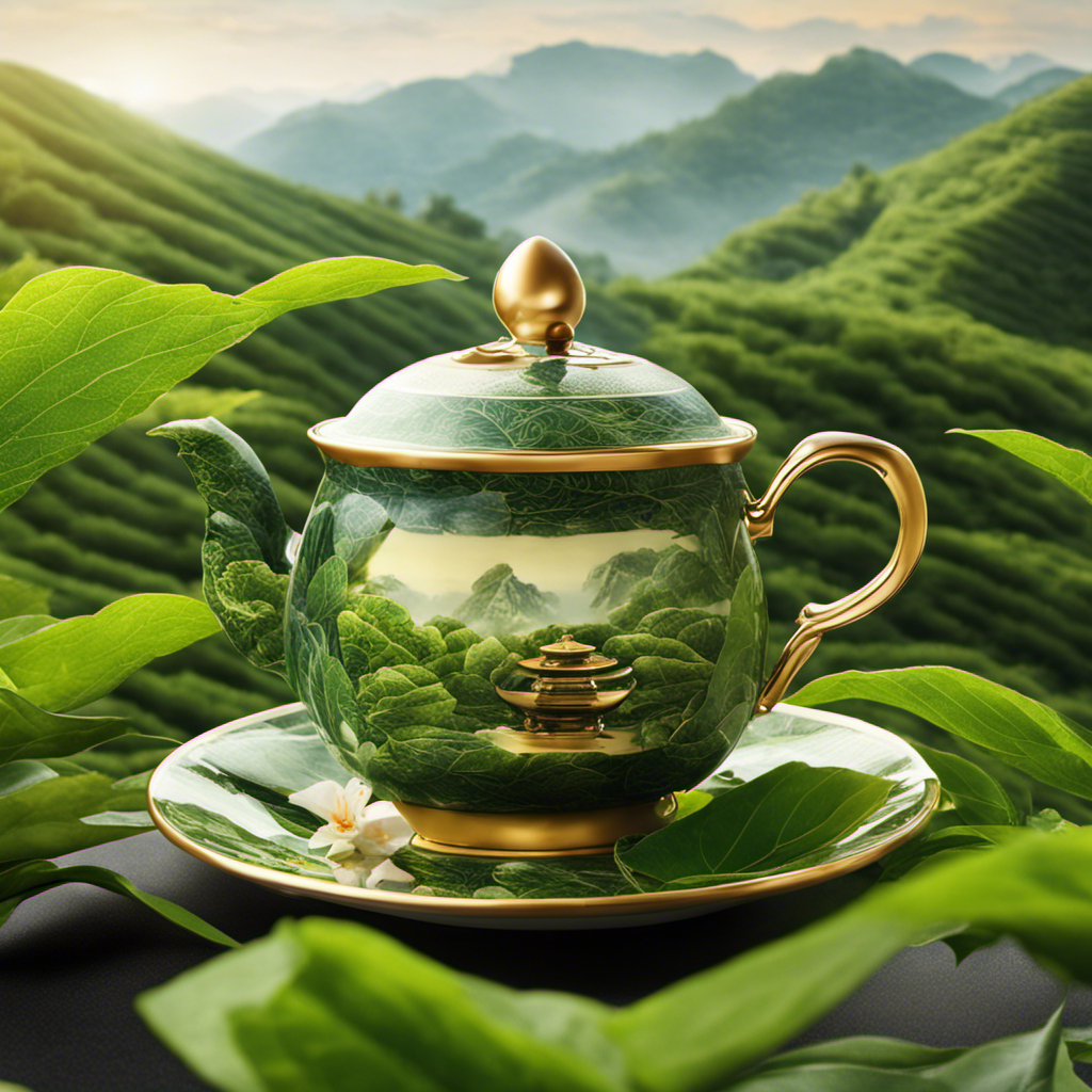 An image showcasing a serene setting with a warm cup of oolong tea, surrounded by lush green tea leaves, evoking a sense of relaxation and tranquility