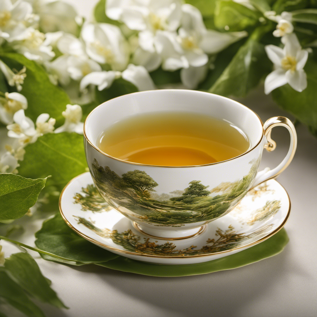 An image showcasing a serene setting with a delicate porcelain teacup filled with warm, golden Oolong tea