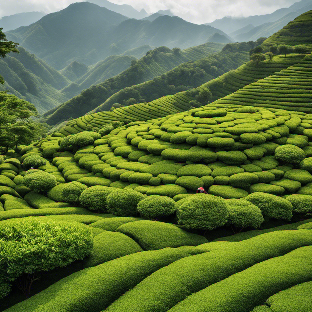 An image showcasing the intricate process of crafting Oolong and Green teas: skilled hands plucking tea leaves from lush fields, meticulous withering and rolling, and the final vibrant infusion in a teacup