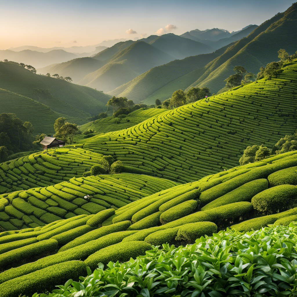 An image of a lush tea plantation nestled on rolling hills, with skilled tea pickers delicately plucking the young, vibrant leaves from Camellia sinensis plants, ready to be transformed into aromatic oolong tea