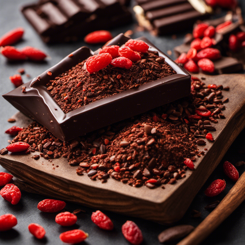 An image showcasing the rich, velvety texture of raw cacao, with a sprinkle of vibrant red goji berries, a dusting of finely grated dark chocolate, and a delicate curl of raw cacao nibs for added depth and intensity