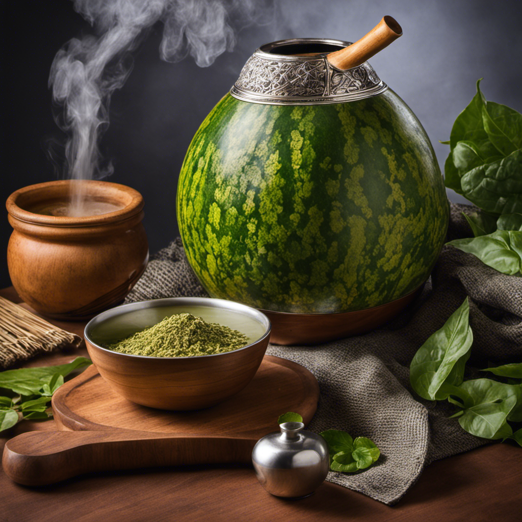An image depicting a traditional South American gourd filled with vibrant green yerba mate leaves, surrounded by a delicate stream of hot water being poured from a silver bombilla, revealing the rich aroma and natural essence of authentic yerba mate