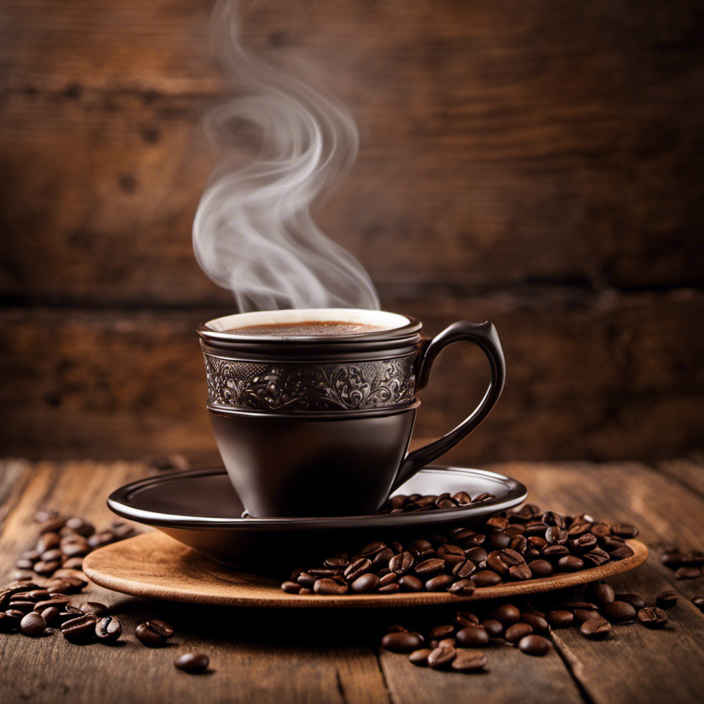 An image showcasing a warm, inviting cup of Roma Coffee Substitute, with rich, roasted aroma wafting up from the cup, smoke swirling delicately, and a hint of steam rising against a rustic wooden backdrop