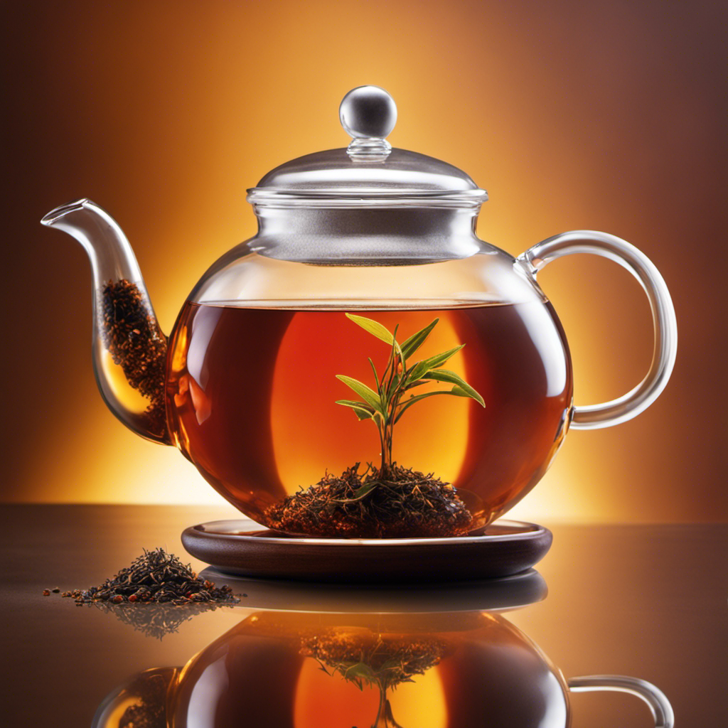 An image showcasing a ceramic teapot filled with rich, amber-colored Rooibos tea, alongside a delicate glass cup brimming with fragrant Honeybush tea