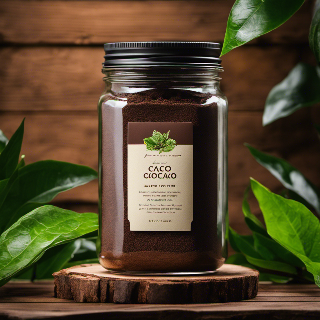 An image showcasing a glass jar filled with rich, dark Fermented Raw Organic Cacao Powder