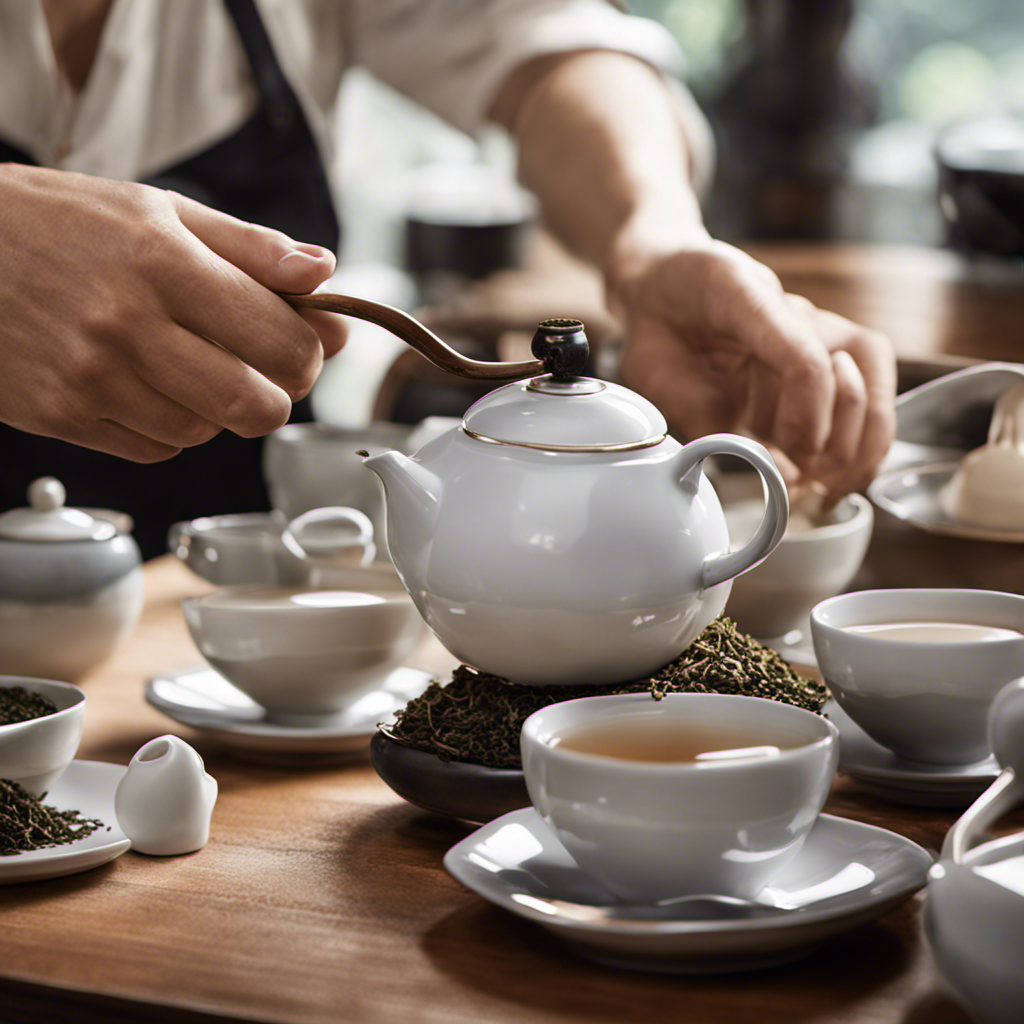 An image that showcases the intricate brewing process of Oolong tea: a skilled tea master pouring the steaming liquid into delicate porcelain cups, capturing the essence of its unique caffeine composition