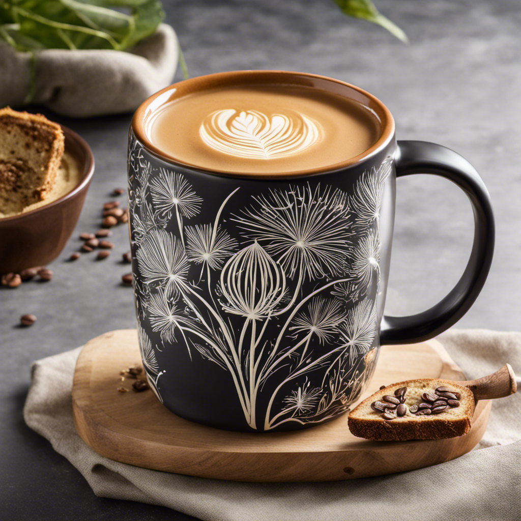 An image showcasing a cozy mug filled with a rich, aromatic beverage, brewed from roasted dandelion roots, enticingly swirling with creamy plant-based milk, capturing the essence of a delightful coffee substitute