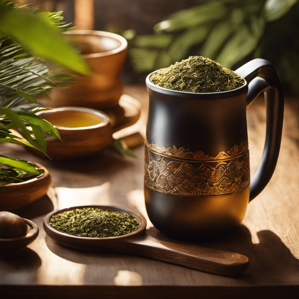 An image showcasing a cozy, sunlit corner with a warm mug of yerba mate tea