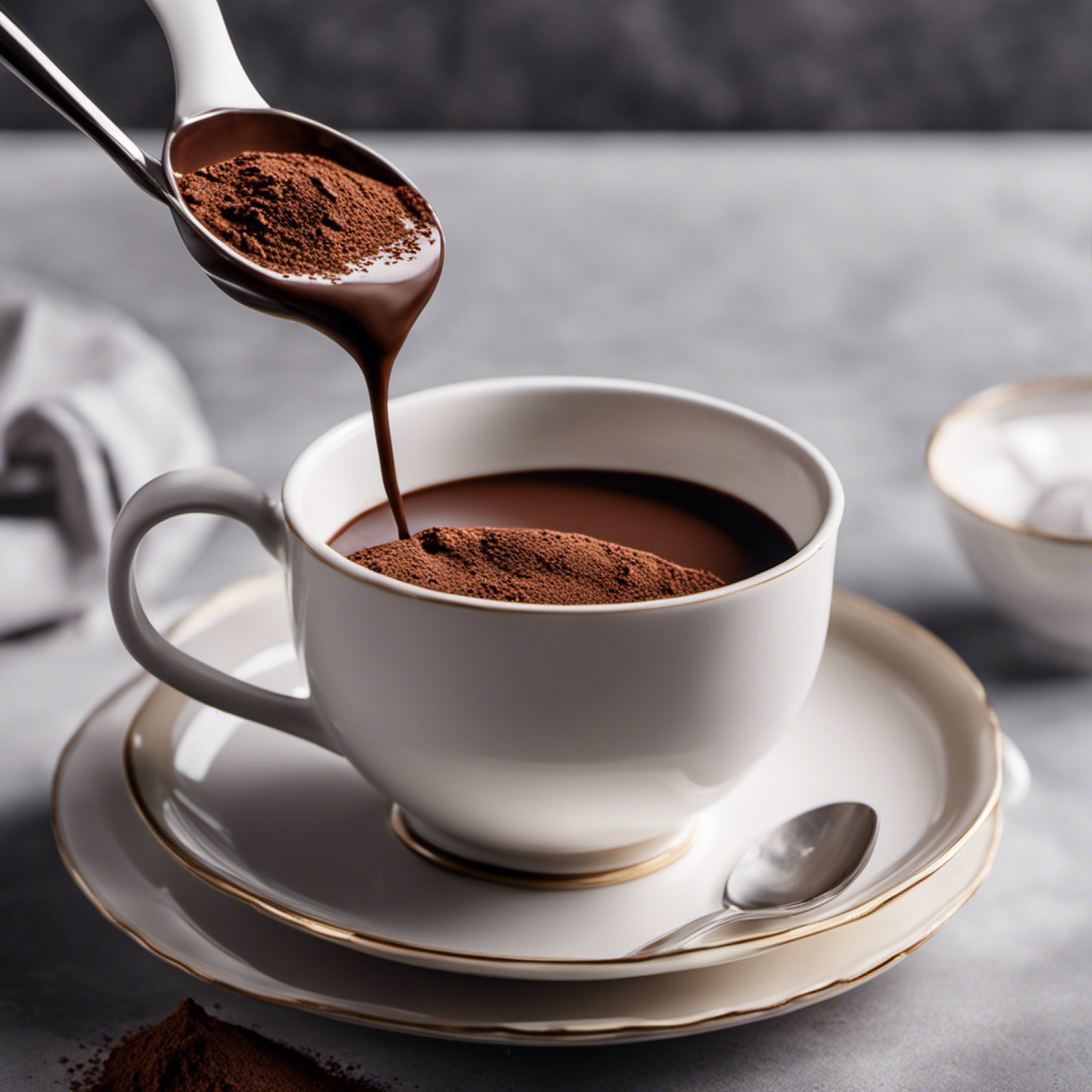 An image showcasing a close-up shot of a luxurious, velvety, dark chocolate drink being poured from a spoon into a delicate, porcelain cup, highlighting the purity and richness of the cadmium-free, raw organic cacao powder
