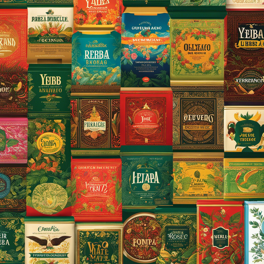 An image showcasing a vibrant collage of various yerba mate brands' packaging, with rich colors, intricate patterns, and unique typography