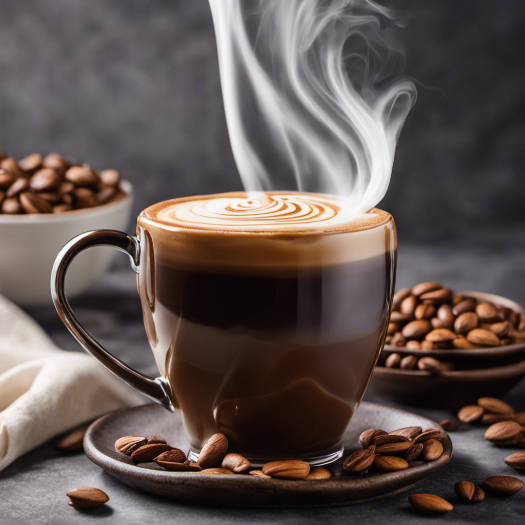An image showcasing a steaming cup of coffee with swirls of velvety almond milk cascading into it, capturing the rich, creamy texture and enticing aroma of a delectable creamer substitute