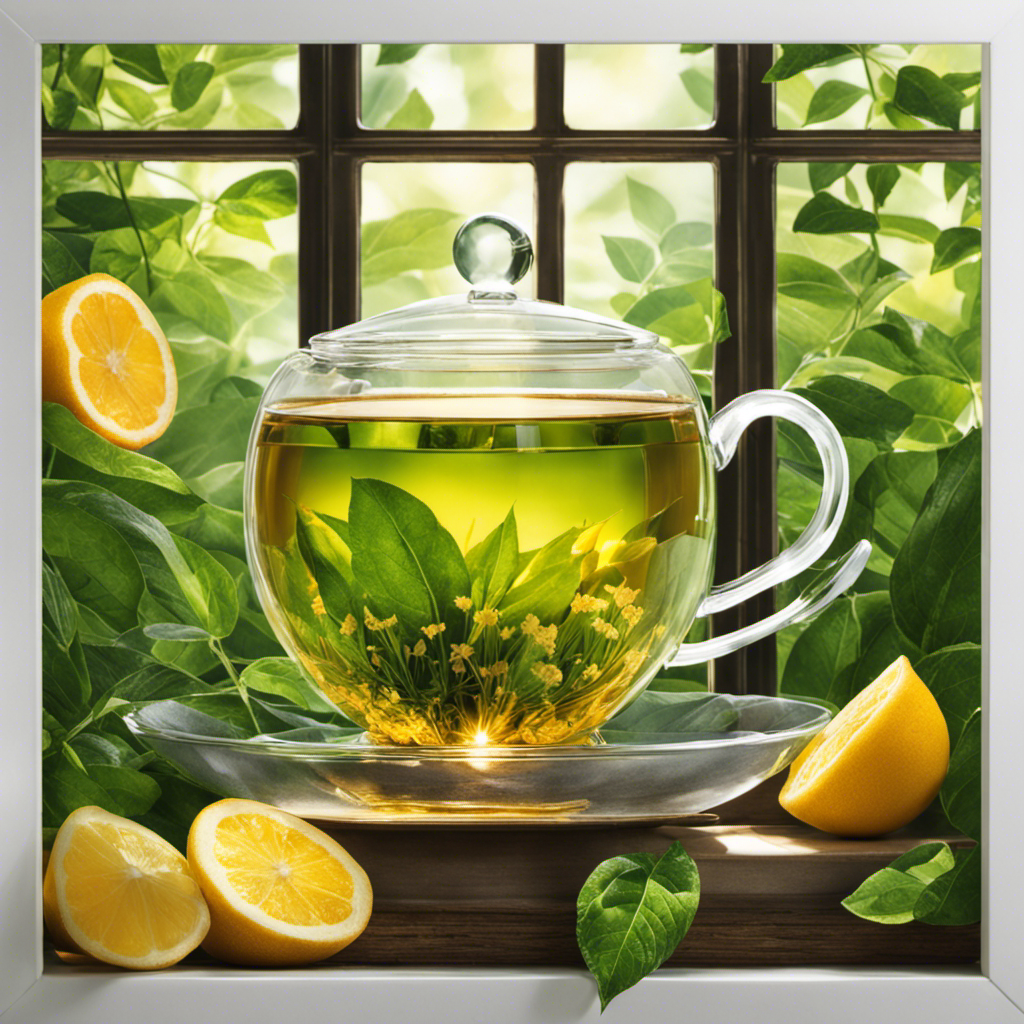 An image showcasing an inviting cup of steaming herbal detox tea, brimming with vibrant green leaves and delicate floral notes