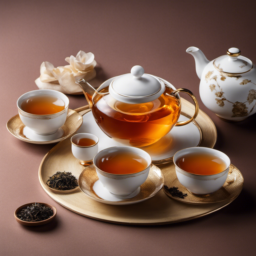 An image showcasing a delicate porcelain tea set with a vibrant, amber-hued cup of Oolong tea