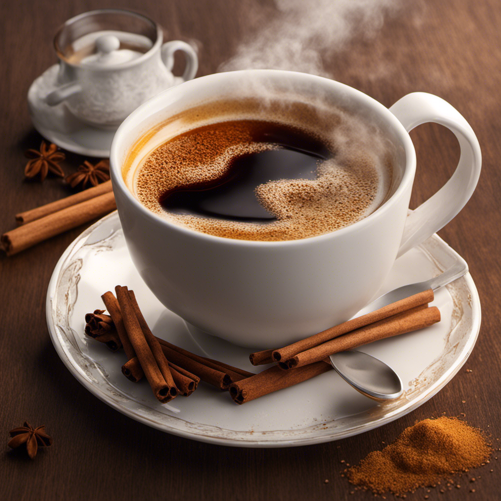 An image depicting a steaming cup of coffee with a wooden spoon stirring in a spoonful of honey, while a stack of fresh vanilla pods and a dish of cinnamon sticks rest nearby