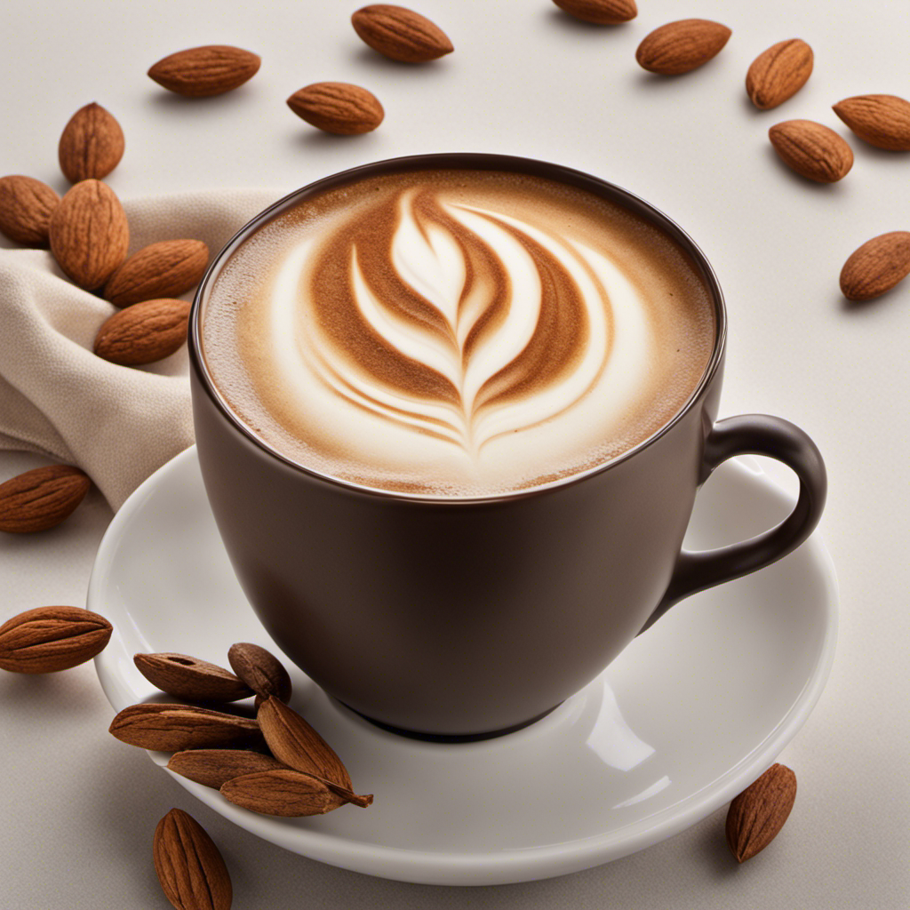 An image showcasing a steaming cup of coffee adorned with a creamy swirl of almond milk, perfectly emulating the rich texture of whole milk