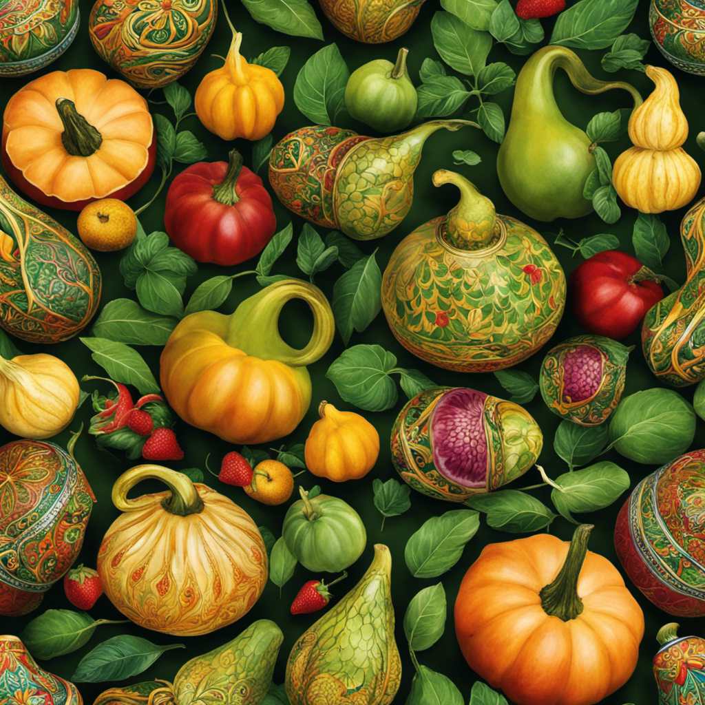 An image showcasing a vibrant array of yerba mate gourds adorned with traditional designs, accompanied by a variety of fresh green leaves and colorful fruits