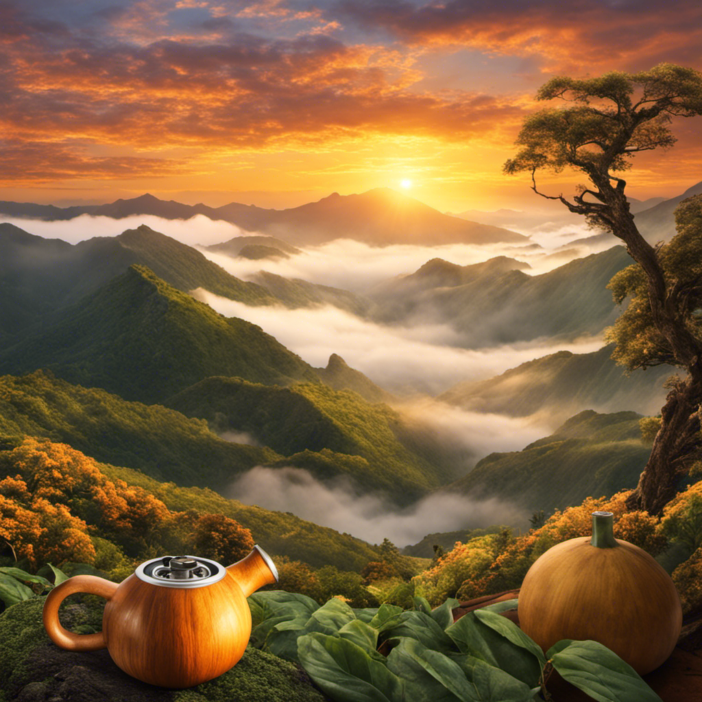 An image capturing the serene beauty of a misty sunrise over lush mountains, with a person holding a steaming gourd of yerba mate, showcasing the perfect moment to savor its earthy flavor and energizing properties