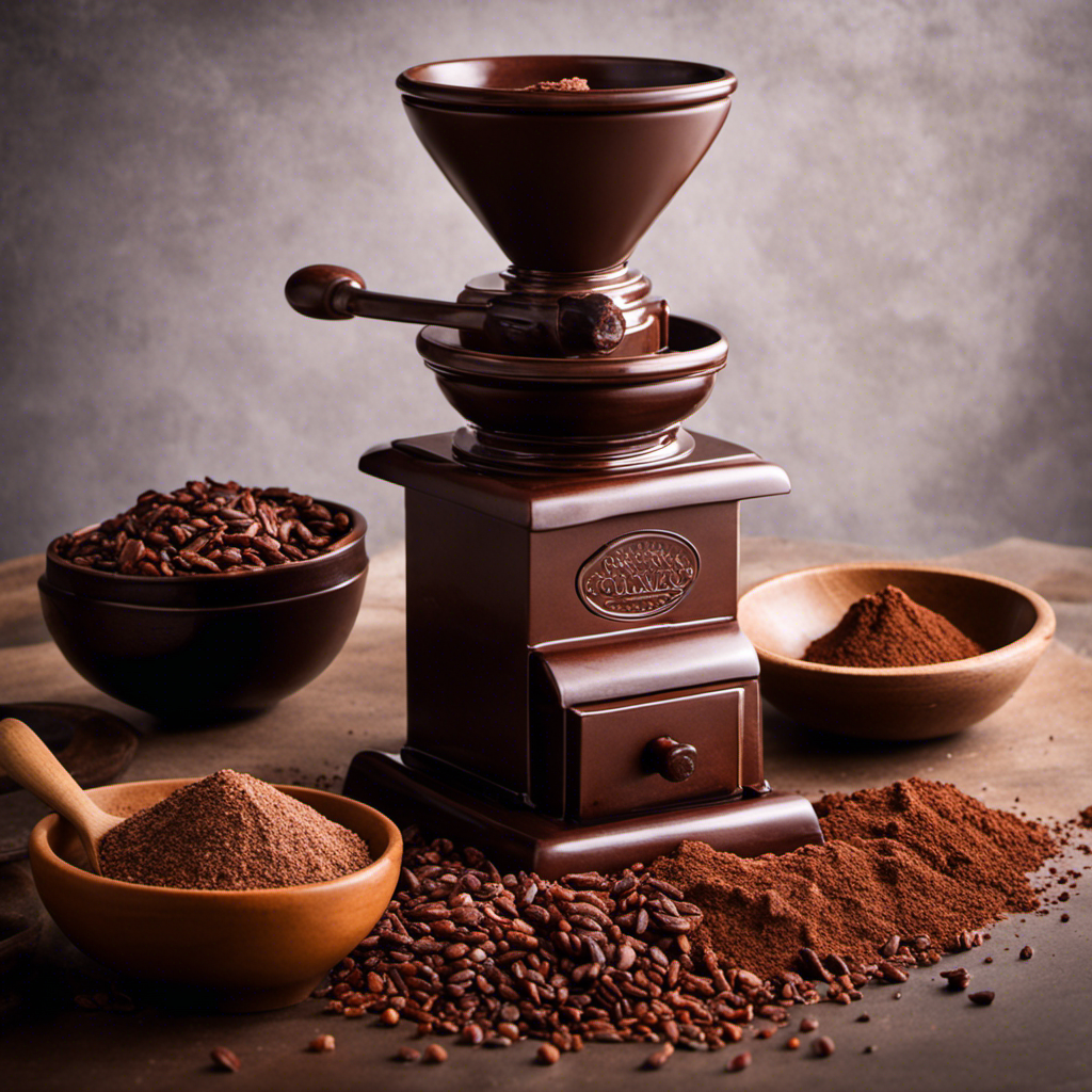 An image showcasing a traditional stone grinder with a bowl of raw cacao nibs being slowly ground into a smooth, luscious cacao paste
