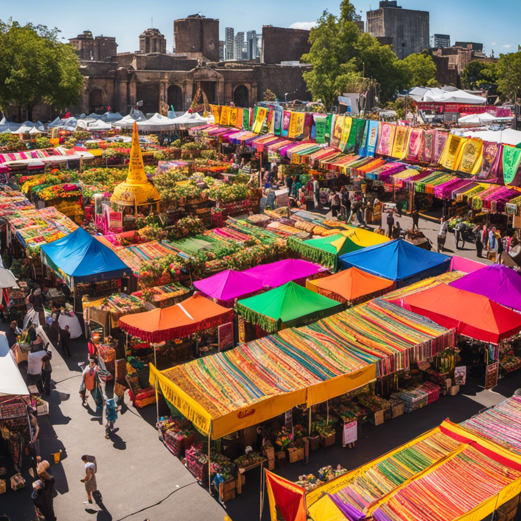 An image showcasing a vibrant marketplace with rows of stalls, adorned with colorful banners and signs