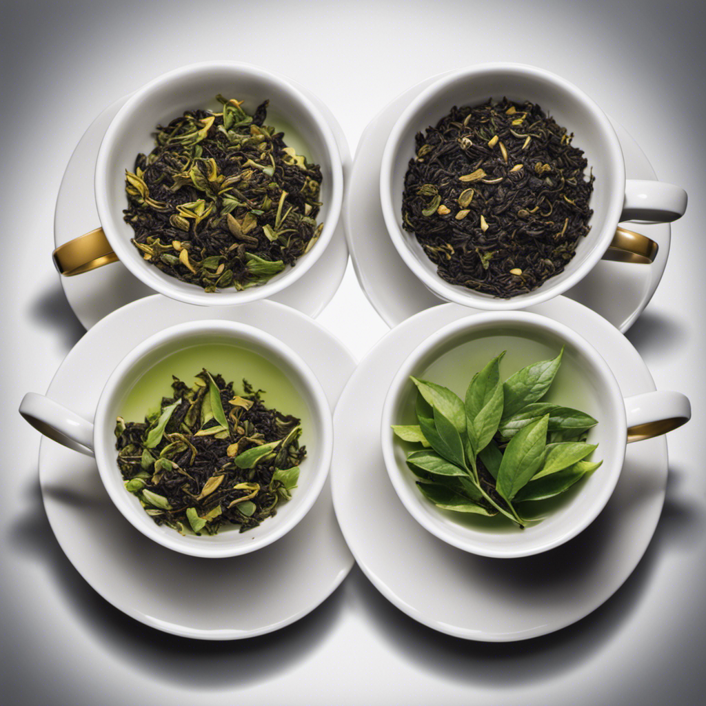 A vibrant image of three teacups side by side, each filled with distinct tea leaves