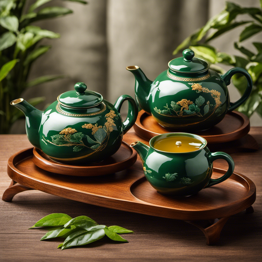 An image showcasing two elegant tea sets on a wooden table, one filled with vibrant green tea, the other with amber-hued oolong tea
