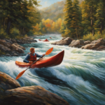 An image showcasing a serene river scene with a kayaker gracefully maneuvering through whitewater rapids, while a canoeist peacefully glides along calm waters nearby