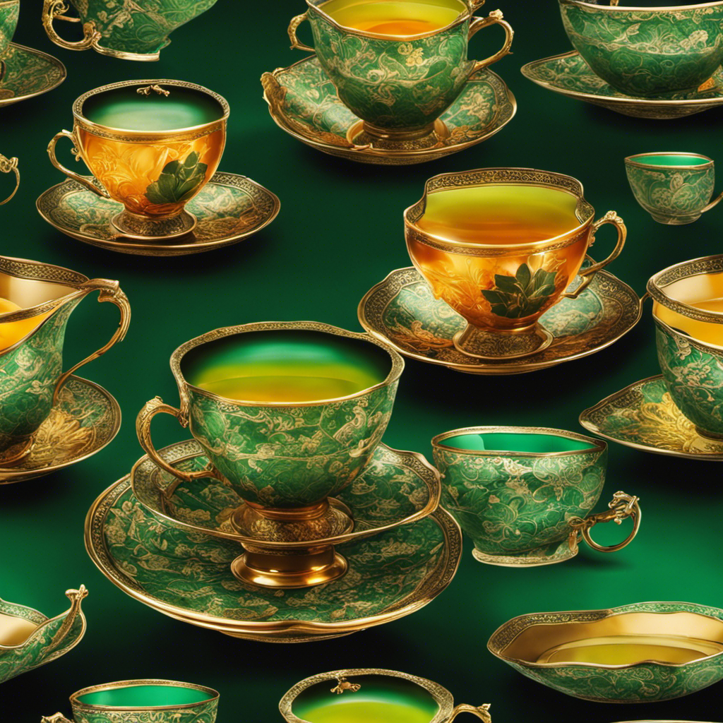 An image showcasing two teacups, one brimming with Oolong tea, displaying a rich amber hue; the other filled with Green tea, radiating a vibrant emerald color