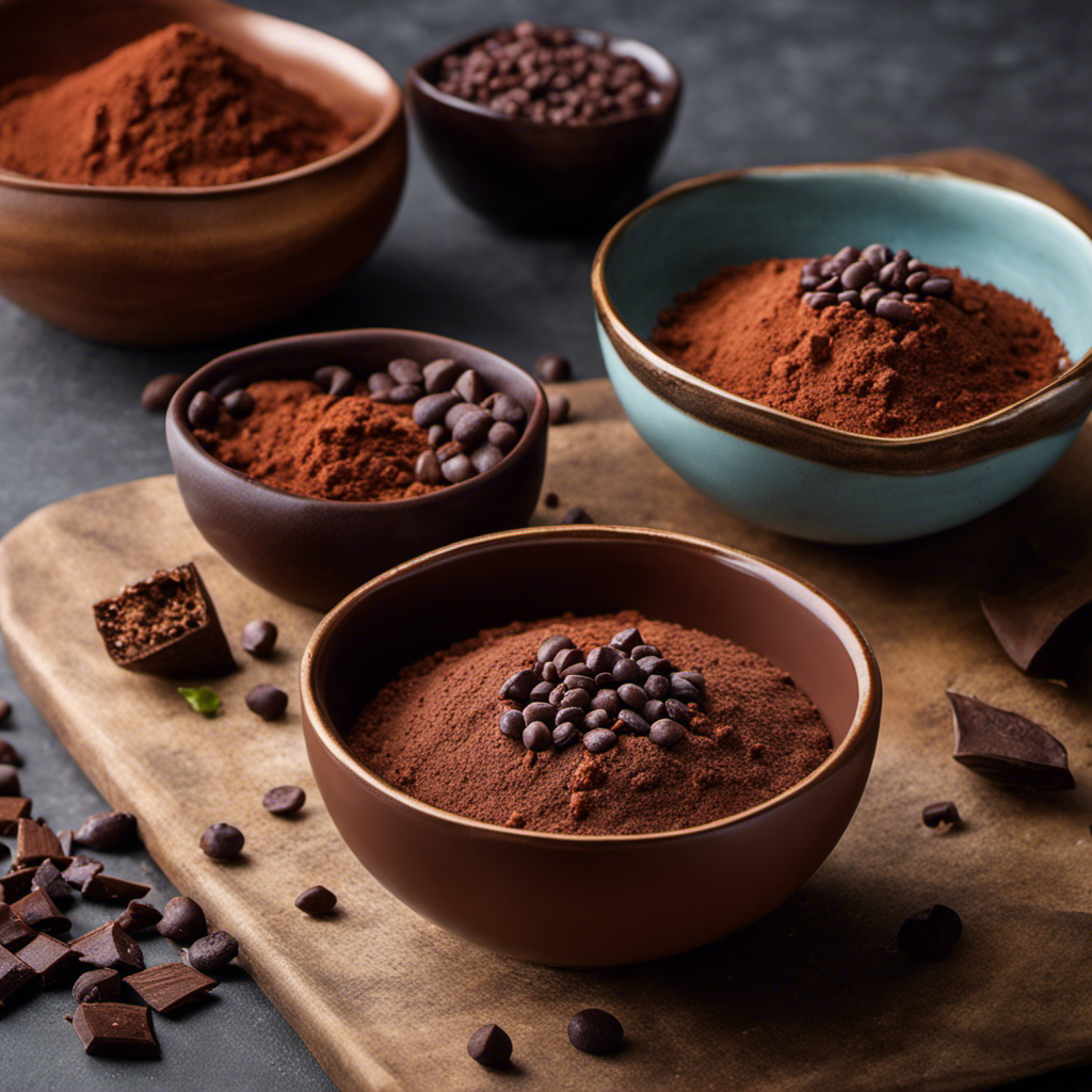 An image showcasing two distinct bowls, one filled with velvety organic powdered cocoa, the other with rich raw cacao nibs