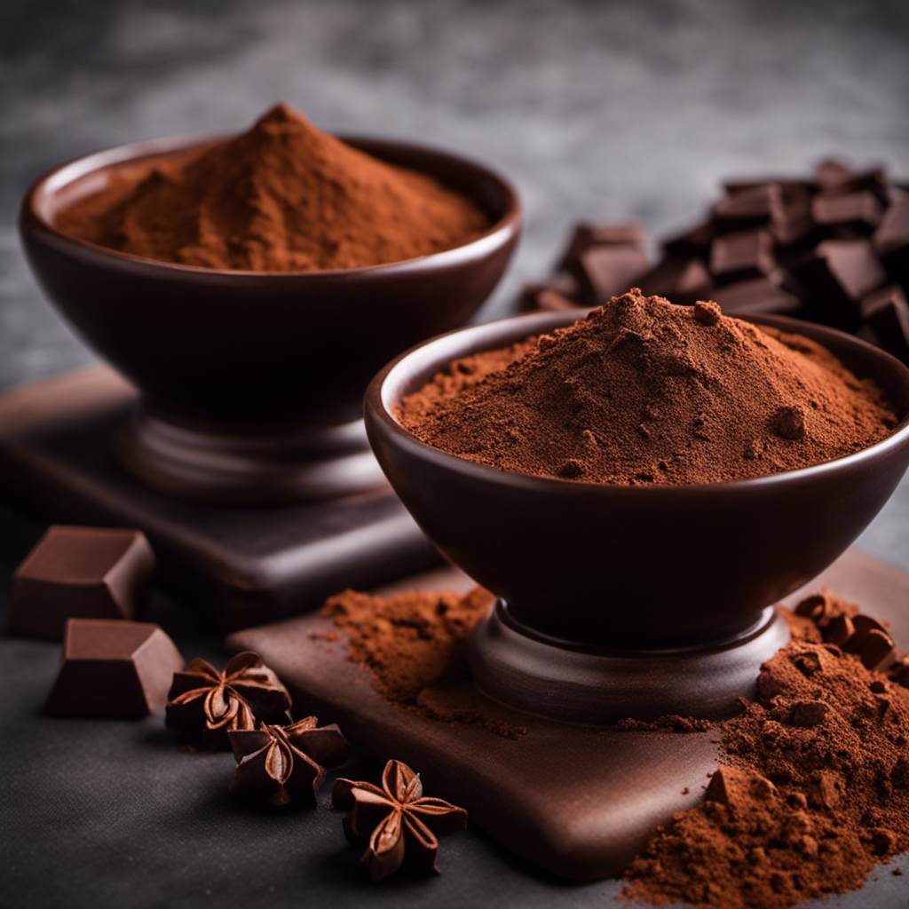 An image that showcases two bowls filled with dark, rich powders: one with velvety unsweetened cocoa, radiating a deep brown hue, and the other with raw cacao powder, exuding a vibrant, earthy tone