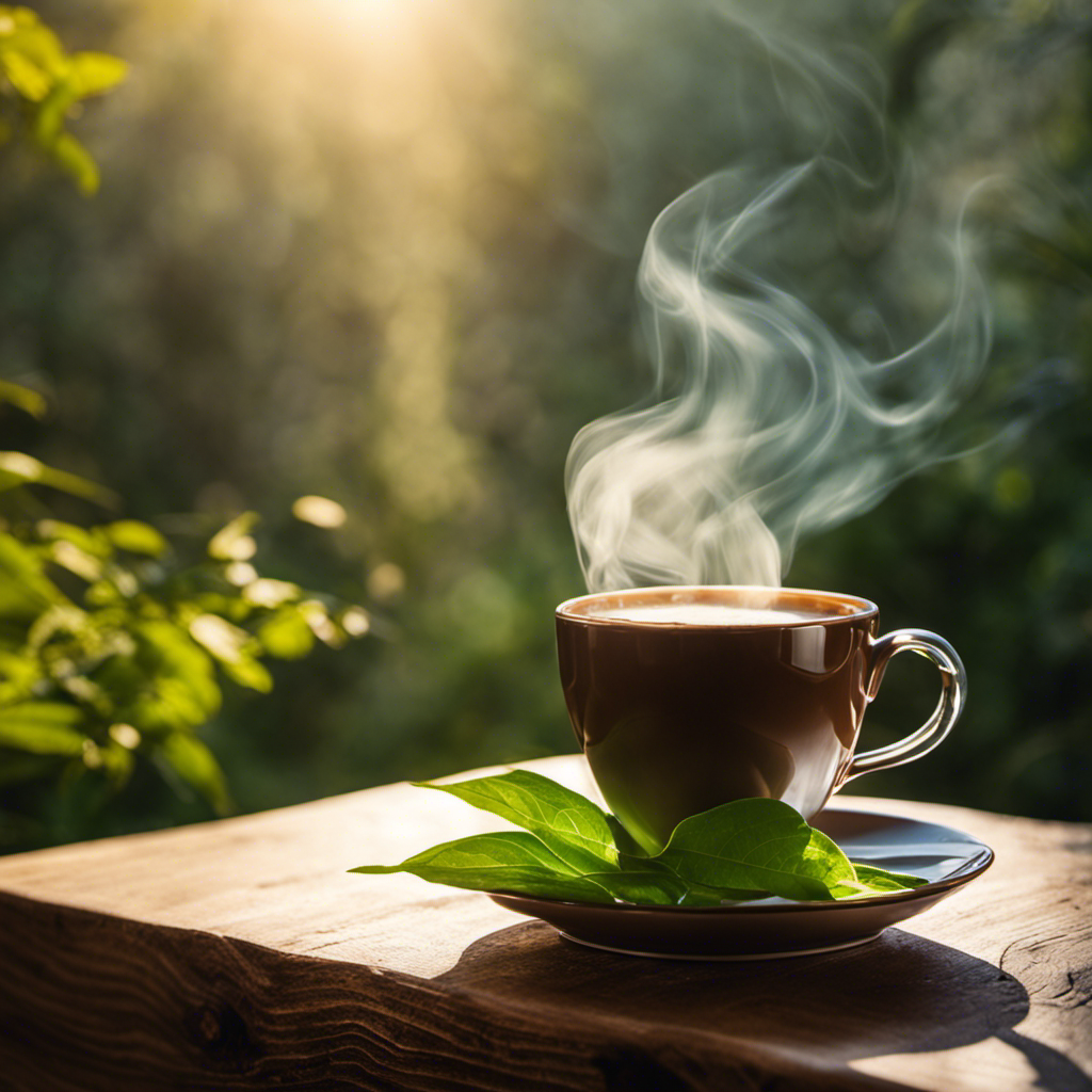 An image capturing a serene morning scene: a steaming cup of coffee sits on a wooden table, bathed in warm sunlight, while wisps of smoke curl upwards, contrasting against the backdrop of lush greenery