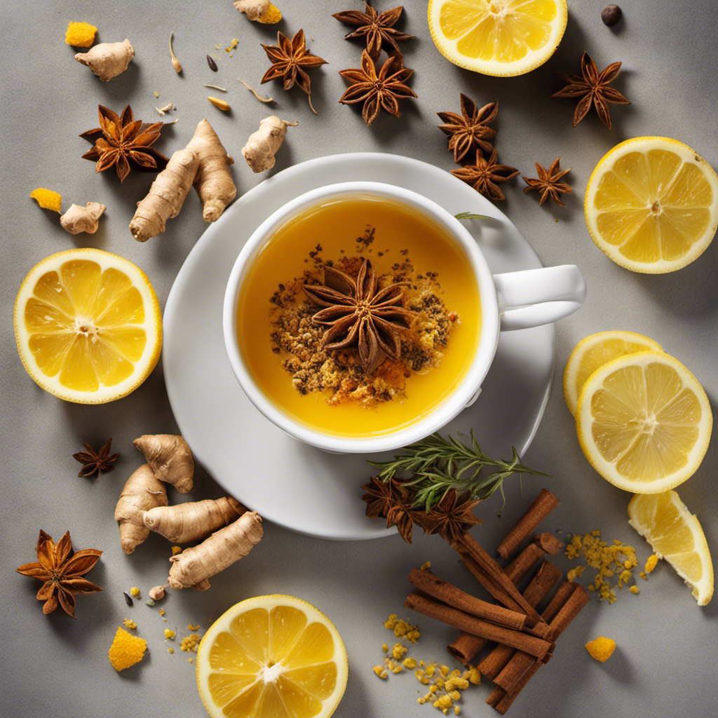 An image showcasing a steaming mug filled with a rich, golden-hued herbal infusion, accompanied by a vibrant assortment of fresh ingredients like ginger, turmeric, and lemon, highlighting the healthiest substitute for coffee