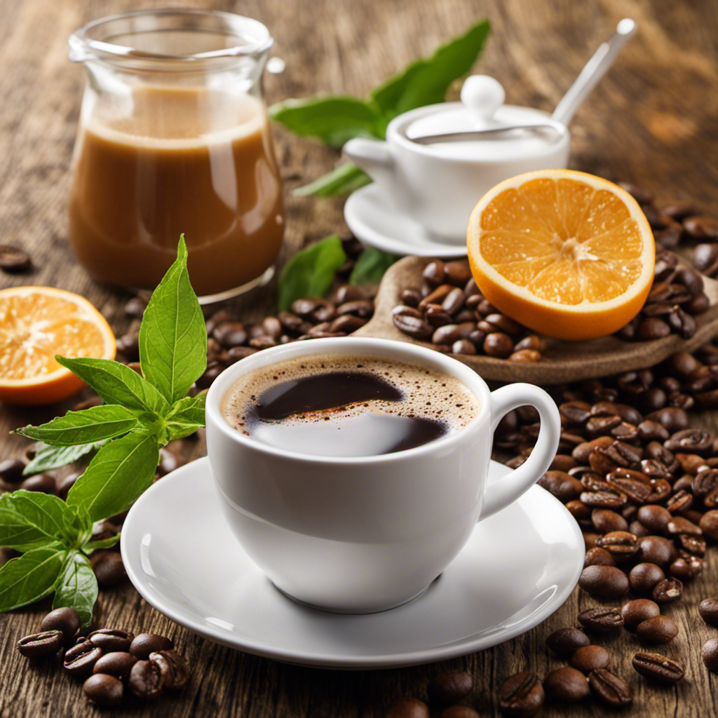 An image showcasing a steaming cup of coffee, accompanied by a variety of natural, sugar-free sweeteners such as stevia leaves, monk fruit, xylitol, and erythritol, highlighting their visual appeal and versatility