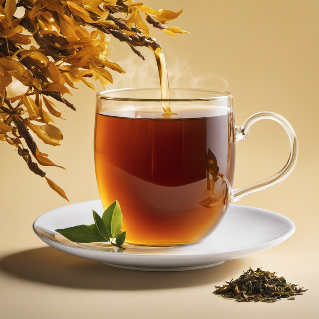 An image showcasing a steaming cup of oolong tea, with delicate, rolled leaves unfurling in the golden infusion