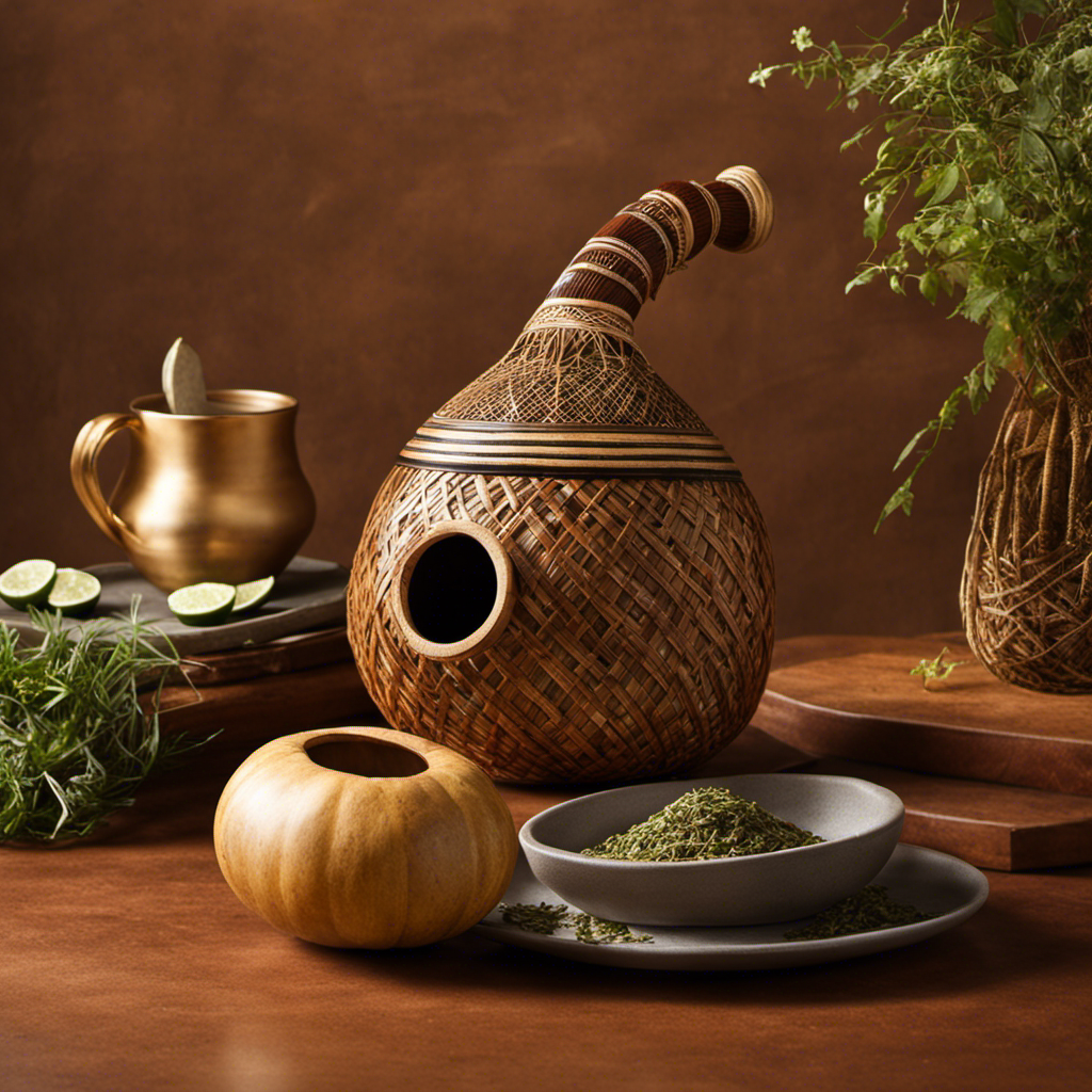 An image showcasing a traditional South American gourd, filled with yerba mate tea, with a uniquely crafted straw called a bombilla, featuring a filter-like end and a decorative handle