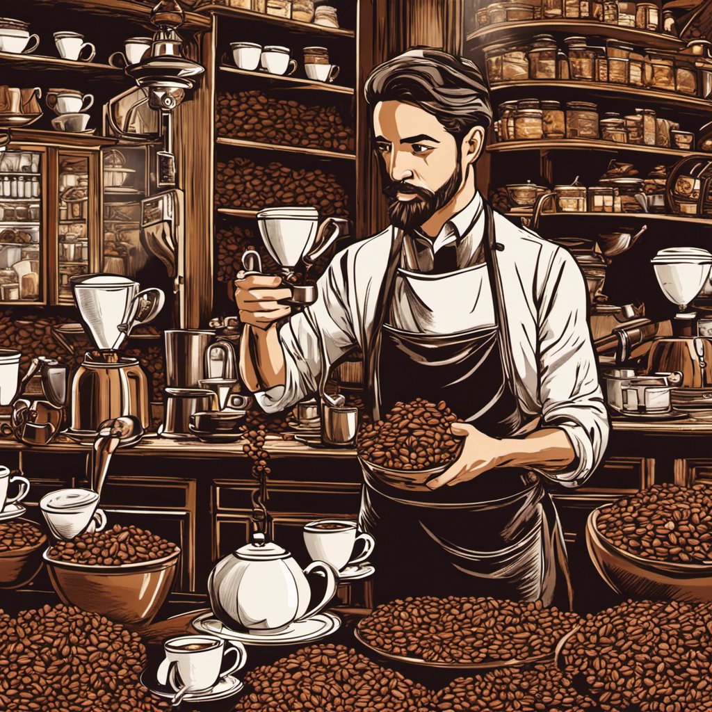 An image showcasing a bustling café scene: a barista meticulously brewing a rich, aromatic cup of coffee, surrounded by an array of coffee beans from different regions, while customers eagerly savor their cups of steaming coffee