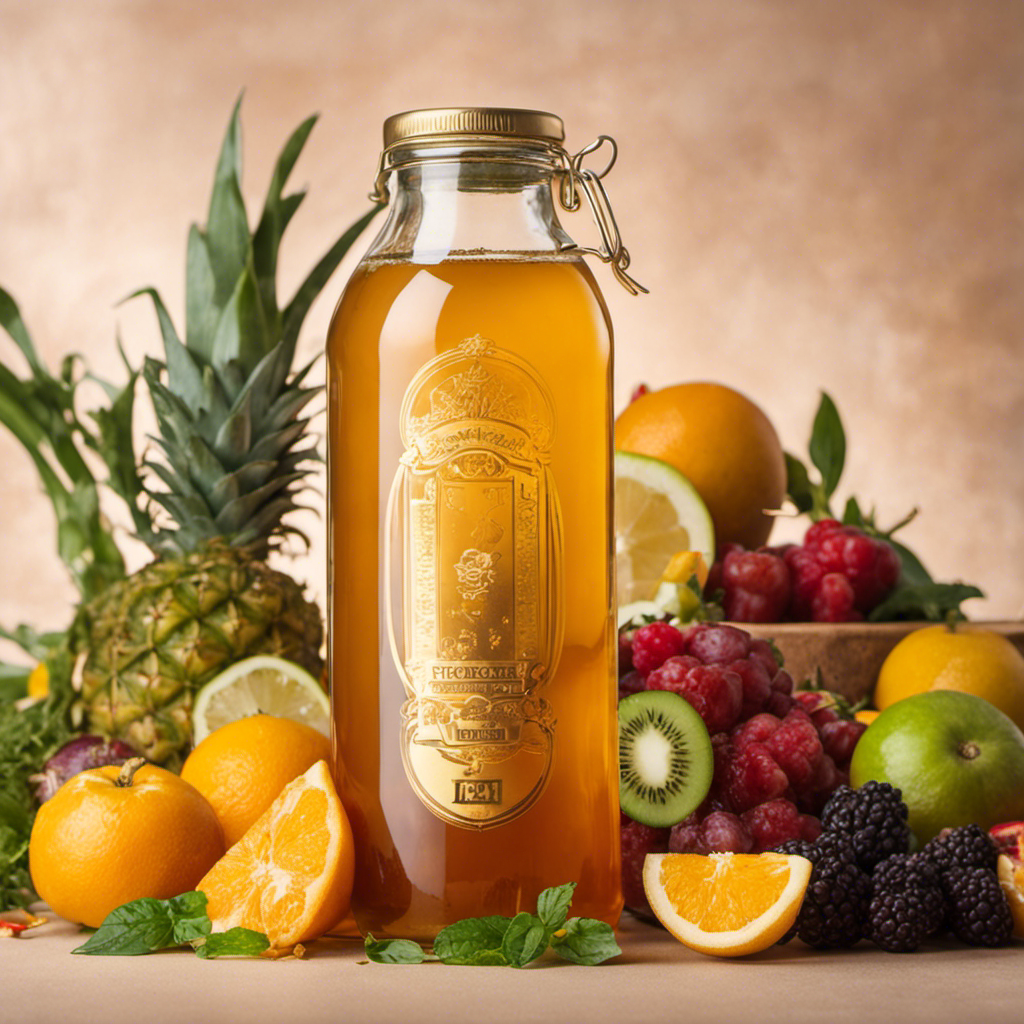 An image featuring a glass filled with golden Kombucha tea, surrounded by vibrant, fresh fruits and vegetables