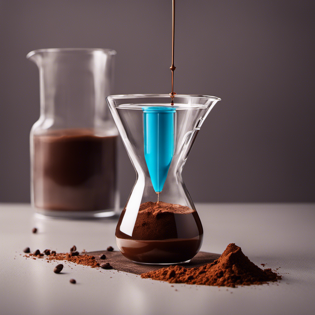 An image showcasing a glass beaker containing raw cacao powder suspended in water, with a pH meter placed inside, displaying the pH level
