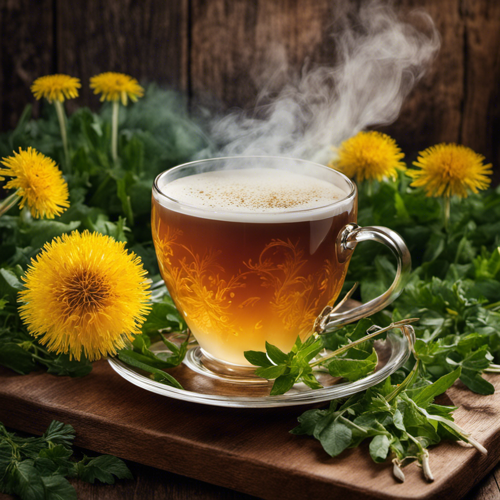 An image showcasing a steaming cup of a warm, aromatic beverage made from roasted dandelion roots, accompanied by a delicate froth topping